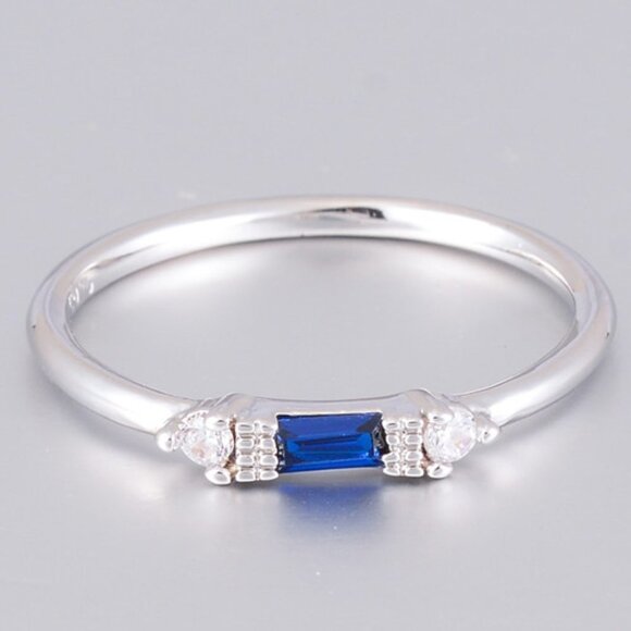 Silver Blue Chic Rectangle Round Gems Dainty Ring for Women, VIP182 - Picture 2 of 5